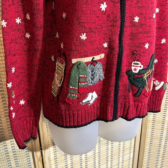 Coldwater Creek Red Knit Ugly Holiday Sweater Cardigan Winter Activities Medium - Picture 3 of 16